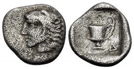 AKARNANIA, Federal Coinage (Akarnanian Confederacy). Stratos (?). Circa 420-380 BC. Diobol (Silver, 10.5 mm, 0.74 g, 2 h). Beardless head of Herakles ...