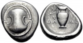 BOEOTIA. Thebes. Circa 395-338 BC. Stater (Silver, 23.5 mm, 12.00 g), struck under magistrate Damo... Boeotian shield. Rev. ΔΑ-ΜΟ Amphora, with ivy sp...