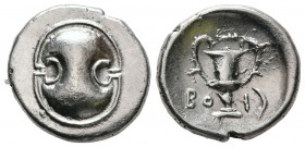 BOEOTIA. Federal Coinage. Circa 395-340 BC. Hemidrachm (Silver, 15.5 mm, 2.62 g). Boeotian shield. Rev. BO-I Kantharos; above, club to right; to right...