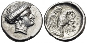EUBOIA. Chalkis. Circa 338-308 BC. Drachm (Silver, 17 mm, 3.64 g, 12 h). Head of the nymph Chalkis to right. Rev. XAΛ Eagle flying upwards with spread...