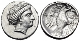 EUBOIA. Chalkis. Circa 338-308 BC. Drachm (Silver, 16.5 mm, 3.41 g, 12 h). Head of the nymph Chalkis to right. Rev. XAΛ Eagle flying upwards with spre...