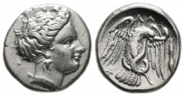 EUBOIA. Chalkis. Circa 290-273/1 BC. Drachm (Silver, 16 mm, 3.58 g, 11 h). Head of the nymph Chalkis to right. Rev. XAΛ Eagle flying upwards with spre...