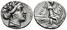 EUBOIA. Histiaia. 3rd-2nd centuries BC. Tetrobol (Silver, 15 mm, 2.32 g, 11 h). Head of the nymph Histiaia to right, wearing a drop earring, a pearl n...