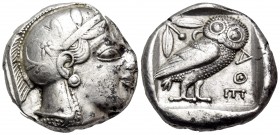 ATTICA. Athens. Circa 460-455 BC. Tetradrachm (Silver, 23.5 mm, 17.19 g, 5 h), Starr transitional type. Head of Athena to right, wearing crested Attic...