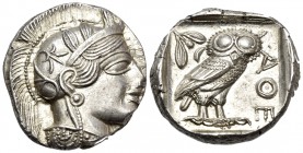 ATTICA. Athens. Circa 449-404 BC. Tetradrachm (Silver, 25 mm, 17.23 g, 3 h), c. 420s. Head of Athena to right, wearing crested Attic helmet with palme...