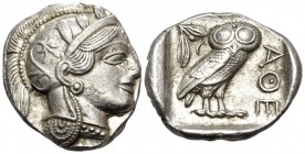 ATTICA. Athens. Circa 449-404 BC. Tetradrachm (Silver, 26 mm, 17.26 g, 4 h), c. 430s. Head of Athena to right, wearing crested Attic helmet with palme...