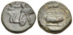ATTICA. Athens. Circa 307-300 BC. (Bronze, 14 mm, 3.16 g, 5 h), Eleusinian festival coinage. Triptolemos, holding grain ears, seated left in winged se...