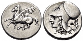 CORINTHIA. Corinth. Circa 375-300 BC. Stater (Silver, 21 mm, 8.50 g, 9 h). Pegasus flying to left with pointed wing, below, Ϙ. Rev. Head of Aphrodite ...