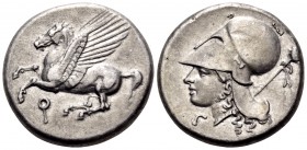 CORINTHIA. Corinth. Circa 375-300 BC. Stater (Silver, 20 mm, 8.58 g, 9 h). Pegasus flying to left with pointed wing, below, Ϙ. Rev. Head of Aphrodite ...