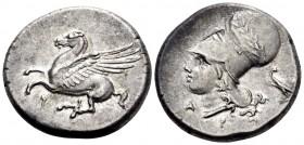 CORINTHIA. Corinth. Circa 345-307 BC. Stater (Silver, 21.5 mm, 8.62 g, 9 h). Pegasus flying to left with pointed wing, below Ϙ. Rev. Α-Ρ Head of Aphro...