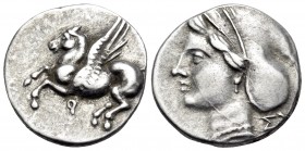 CORINTHIA. Corinth. Circa 350-300 BC. Drachm (Silver, 14.5 mm, 2.11 g, 9 h). Ϙ Pegasos flying to left. Rev. Head of Aphrodite to left, her hair in a s...