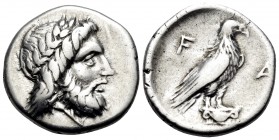 ELIS. Olympia. Circa 260s-250s BC. Hemidrachm (Silver, 15 mm, 2.65 g, 9 h). Laureate head of Zeus to right. Rev. F-A Eagle, with closed wings, standin...