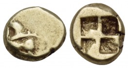 MYSIA. Kyzikos. Circa 600-550 BC. Hemihekte or 1/12 Stater (Electrum, 8 mm, 1.33 g). Harpy to left between two tunnies swimming to left. Rev. Quadripa...