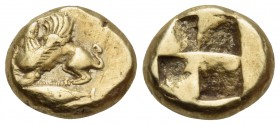 MYSIA. Kyzikos. Circa 550-500 BC. Hekte (Electrum, 10 mm, 2.68 g). Sphinx crouching to left, with her right foreleg raised, on tunny swimming left. Re...
