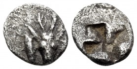 MYSIA. Kyzikos. Circa 550-500 BC. Hemiobol (Silver, 8.5 mm, 0.41 g). Facing stag's head between two tunnies swimming upwards. Rev. Quadripartite incus...