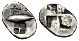 MYSIA. Kyzikos. Circa 6th century BC. Obol (Silver, 10 mm, 0.65 g). Tunny fish swimming to left; below, countermark in the form of a quadripartite inc...