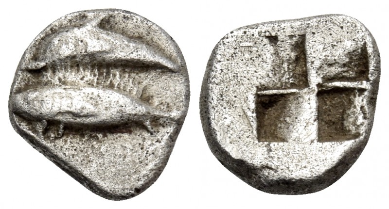 MYSIA. Kyzikos. Circa 500 BC. Obol (Silver, 9.5 mm, 1.00 g). Dolphin swimming to...