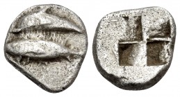 MYSIA. Kyzikos. Circa 500 BC. Obol (Silver, 9.5 mm, 1.00 g). Dolphin swimming to left above a tunny swimming to left. Rev. Quadripartite incuse square...