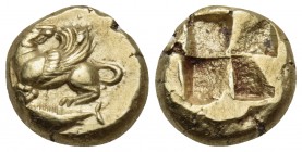 MYSIA. Kyzikos. Circa 500-450 BC. Hekte (Electrum, 10.5 mm, 2.68 g). Winged dog crouching to left, his head turned back to right; below, tunny fish sw...
