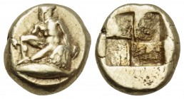 MYSIA. Kyzikos. 5th-4th century BC. Hekte (Electrum, 11 mm, 2.69 g). Orestes kneeling to left, holding sword in his lowered right hand, and resting hi...