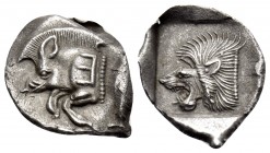 MYSIA. Kyzikos. Circa 450-400 BC. Obol (Silver, 15 mm, 0.87 g, 2 h). Forepart of boar to left; on the boar’s shoulder, retrograde Ε; to right, tunny f...