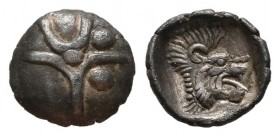NORTHWESTERN ASIA MINOR. Uncertain city. Late 6th to mid 5th century BC. Tetartemorion (Silver, 6.5 mm, 0.15 g), an imitation of Kyzikos. Three cresce...