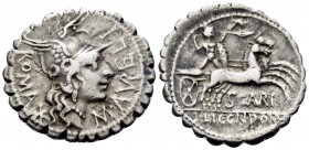 M. Aurelius Scaurus, 118 BC. Denarius Serratus (Silver, 21 mm, 3.83 g, 4 h), Rome. ROMA M•AVRELI Head of Roma to right, wearing winged helmet; behind,...