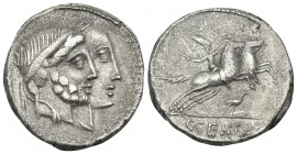 C. Marcius Censorinus, 88 BC. Denarius (Silver, 18 mm, 3.82 g, 1 h), Rome. Jugate heads of Numa Pompilius, diademed and bearded, and Ancus Marcius, be...