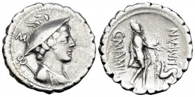 C. Mamilius Limetanus, 82 BC. Denarius Serratus (Silver, 19 mm, 3.76 g, 7 h), Rome. Draped bust of Mercury to right, wearing winged petasos and with c...