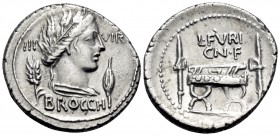 L. Furius Cn.f. Brocchus, 63 BC. Denarius (Silver, 20 mm, 3.87 g, 6 h), Rome. Head of Ceres to right between grain-ear and barley-grain; to left and r...