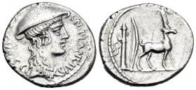 Cn. Plancius, 55 BC. Denarius (Silver, 18 mm, 3.72 g, 5 h), Rome. CN PLANCIVS AED CVR S C Head of Diana to right, wearing causia and a pendant earring...