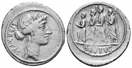 Q. Servilius Caepio Brutus (M. Junius Brutus), 54 BC. Denarius (Silver, 22 mm, 3.72 g, 6 h), Rome. LIBERTAS Bare head of Libertas to right, wearing ea...