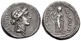Man. Acilius Glabrio, 49 BC. Denarius (Silver, 19.5 mm, 3.65 g, 4 h), Rome. SALVTIS Large aureate head of Salus to right. Rev. MN• ACILIVS - III• VIR•...