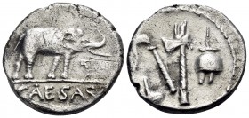 Julius Caesar, 49-48 BC. Denarius (Silver, 17 mm, 3.54 g, 1 h), mint moving with Caesar in Northern Italy. CAESAR Elephant to right, trampling horned ...