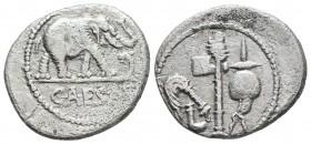 Julius Caesar, 49-48 BC. Denarius (Silver, 19 mm, 3.54 g, 7 h), mint moving with Caesar in Northern Italy. CAESAR Elephant walking to right, trampling...