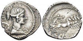 T. Carisius, 46 BC. Denarius (Silver, 20 mm, 3.69 g, 1 h), Rome. Draped bust of Victory to right; behind, S C. Rev. T CARISI Victory driving prancing ...