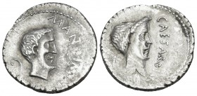 Mark Antony and Julius Caesar, 43 BC. Denarius (Silver, 19 mm, 3.58 g, 1 h), mint travelling with Antony in Gallia Transalpina and Cisalpina. M.ANTON....