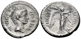 Octavian, 44-27 BC. Denarius (Silver, 18 mm, 3.23 g, 2 h), struck under moneyer L. Livineius Regulus, Rome, 42. C CAESAR III VIR R P C Bare head of Oc...