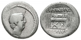 L. Livineius Regulus, 42 BC. Denarius (Silver, 18 mm, 3.62 g, 10 h), Rome. Bare head of Livineius Regulus to right. Rev. L•LIVINEIVS / REGVLVS Curule ...