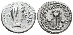 Q. Servilius Caepio Brutus ( Marcus Junius Brutus), 42 BC. Denarius (Silver, 17.5 mm, 3.49 g, 12 h), with L. Sestius, proquaestor, mint travelling wit...