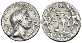 Sextus Pompey, 37/6 BC. Denarius (Silver, 18 mm, 3.72 g, 12 h), military mint in Sicily. MAG•PIVS•IMP•ITER Bare head of Cn. Pompeius Magnus to right; ...