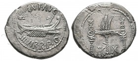 The Triumvirs. Mark Antony, Autumn 32-spring 31 BC. Denarius (Silver, 19 mm, 3.31 g, 6 h), mint moving with Mark Antony (Patrae?). ANT • AVG / II•VIR ...