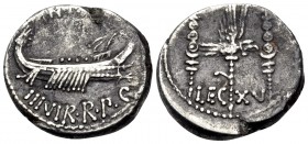 The Triumvirs. Mark Antony. Denarius (Silver, 17 mm, 3.88 g, 7 h), Patrae (?) for the 15th legion, Autumn 32-spring 31 BC. ANT•[AVG] / III•VIR•R•P•C• ...