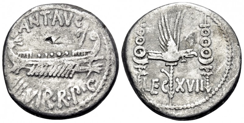 The Triumvirs. Mark Antony. Denarius (Silver, 17 mm, 3.31 g, 7 h), Patrae (?) fo...