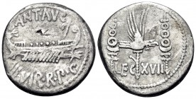 The Triumvirs. Mark Antony. Denarius (Silver, 17 mm, 3.31 g, 7 h), Patrae (?) for the 17th legion, Autumn 32-spring 31 BC. ANT•AVG / III•VIR•R•P•C• Pr...