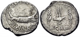 The Triumvirs. Marc Antony, autumn 32-spring 31. Denarius (Silver, 18 mm, 3.47 g, 6 h), for the 23rd legion, Patrae (?). ANT• AVG / III•VIR• R•P•C• Ga...