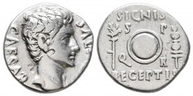 Augustus, 27 BC-AD 14. Denarius (Silver, 17 mm, 3.66 g, 7 h), Colonia Patricia, 19 BC. CAESAR AVGVSTVS Bare head of Augustus to right. Rev. SIGNIS / R...