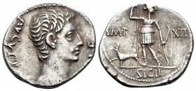 Augustus, 27 BC-AD 14. Denarius (Silver, 18 mm, 3.53 g, 1 h), Lugdunum (Lyon), 11-10 BC. AVGVSTVS DIVI•F Bare head of Augustus to right. Rev. IMP - XI...