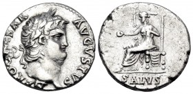 Nero, 54-68. Denarius (Silver, 17 mm, 3.41 g, 6 h), Rome, 65-66. NERO CAESAR AVGVSTVS Laureate head of Nero to right. Rev. SALVS Salus seated left on ...