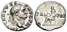 Vespasian, 69-79. Denarius (Silver, 17 mm, 3.44 g, 5 h), Rome, 71. IMP CAES VES-P AVG P M Laureate head of Vespasian to left. Rev. TRI - POT Vesta, ve...
